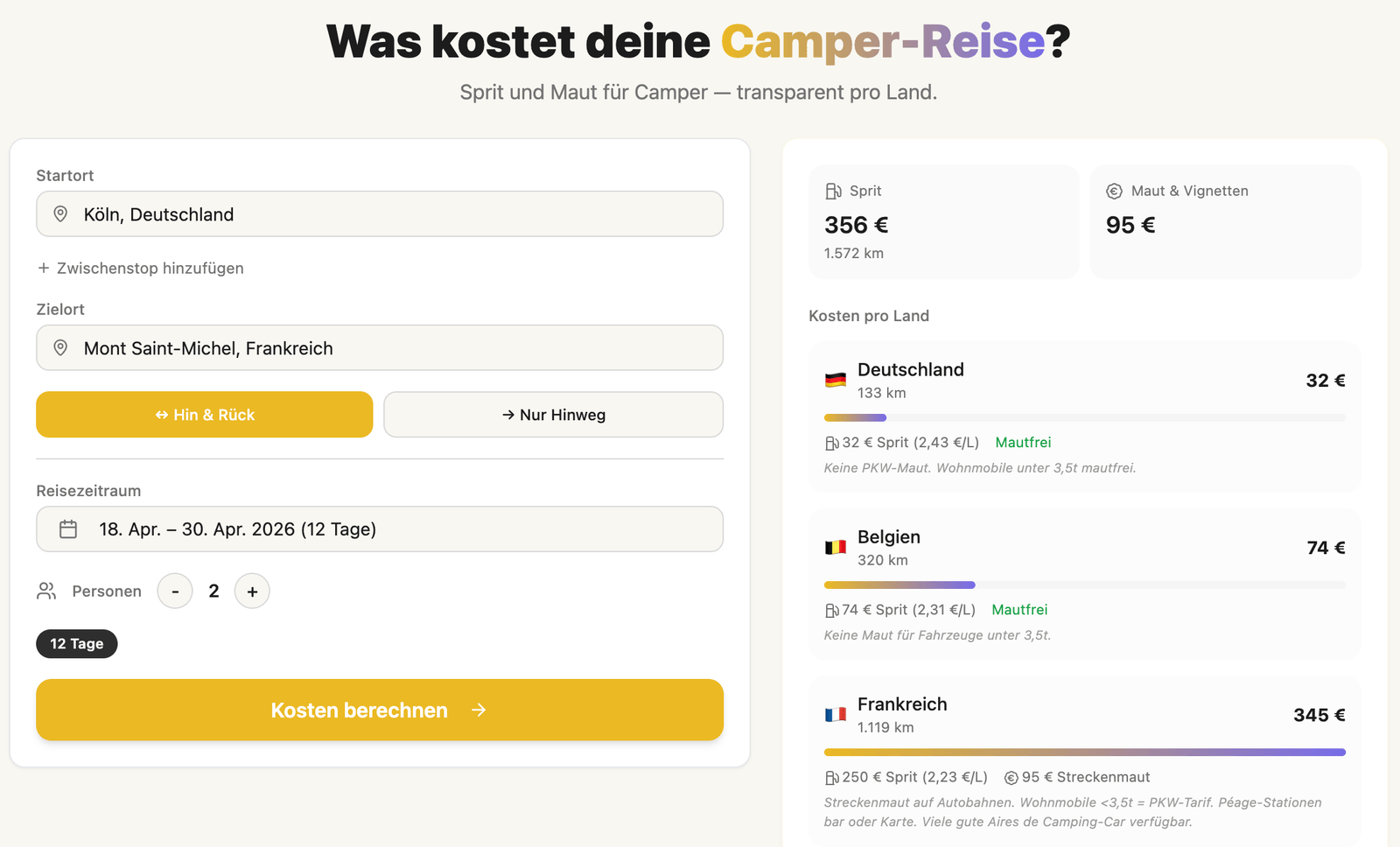 Screenshot des Postibus Spritrechners